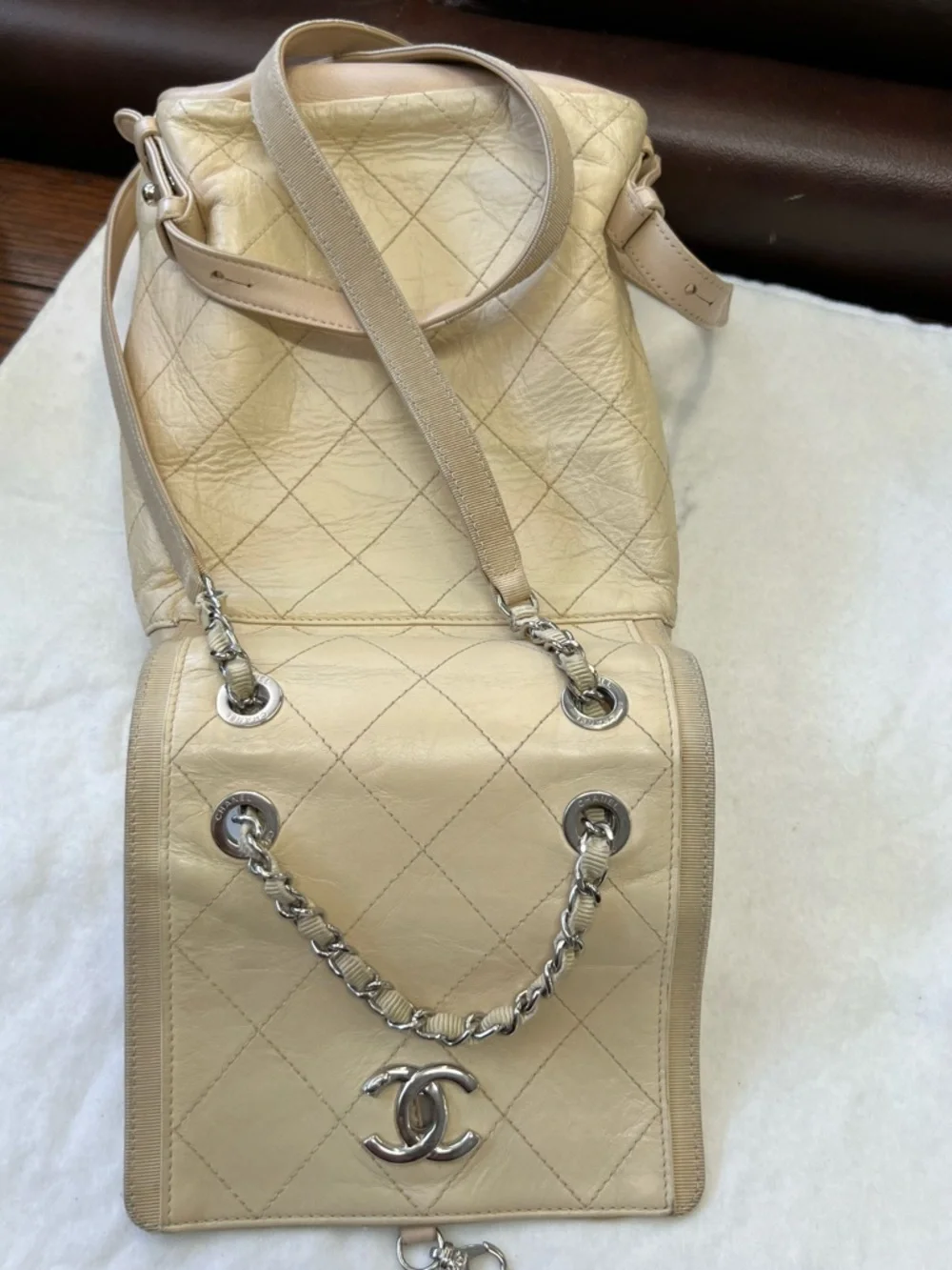 CHANEL Beige Quilted Leather Drawstring Backpack with CC with wallet